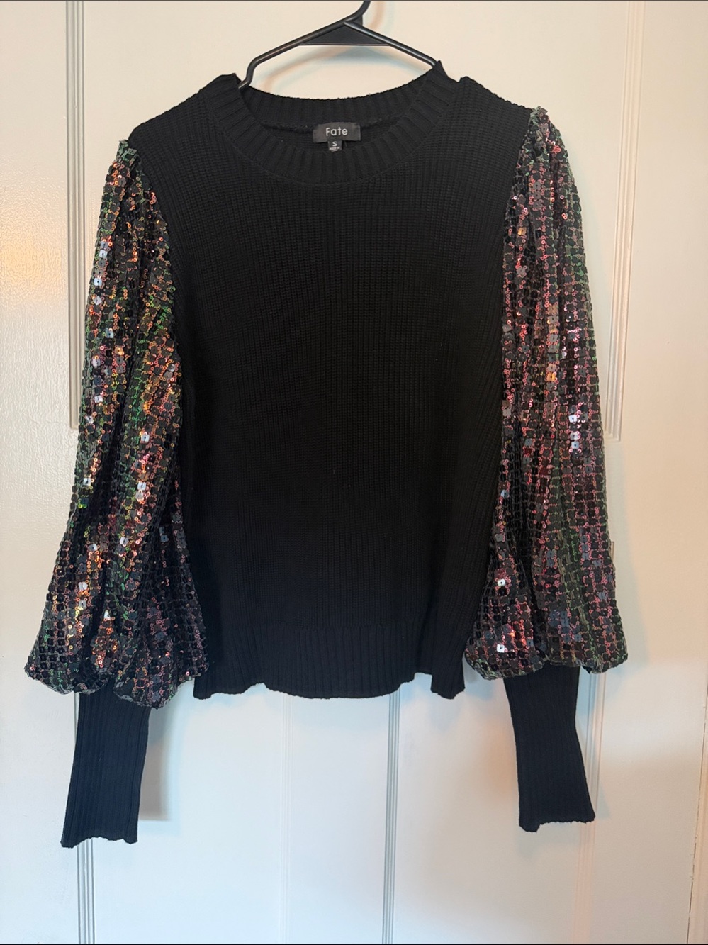 Fate Black Sweater with Iridescent Sequin Puff Sleeves